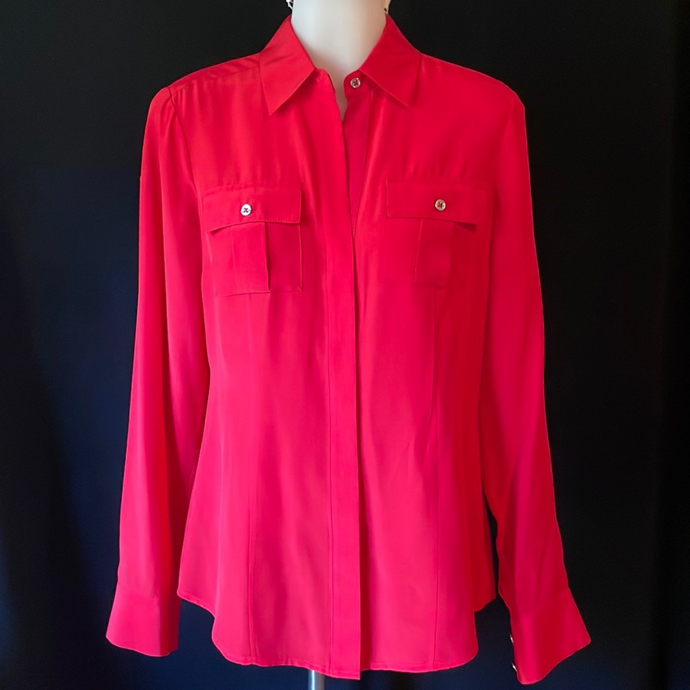 All Silk Lipstick Red Blouse with Ribbon Detail